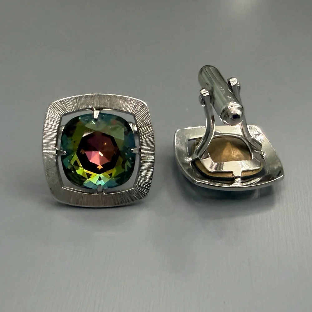 Vintage Anson Silver Set Watermelon Rhinestone Mid Century Modern Cufflinks